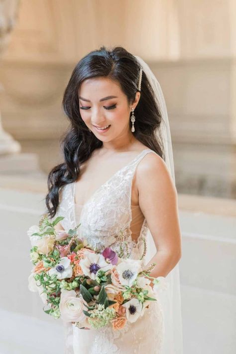 Asian Wedding Hair, Beauty Loft, Wedding Makeup And Hair, Asian Wedding Makeup, Asian Bridal Hair, Sf City Hall, Bridal Hair Down, Bridal Hair Veil, Glam Modern