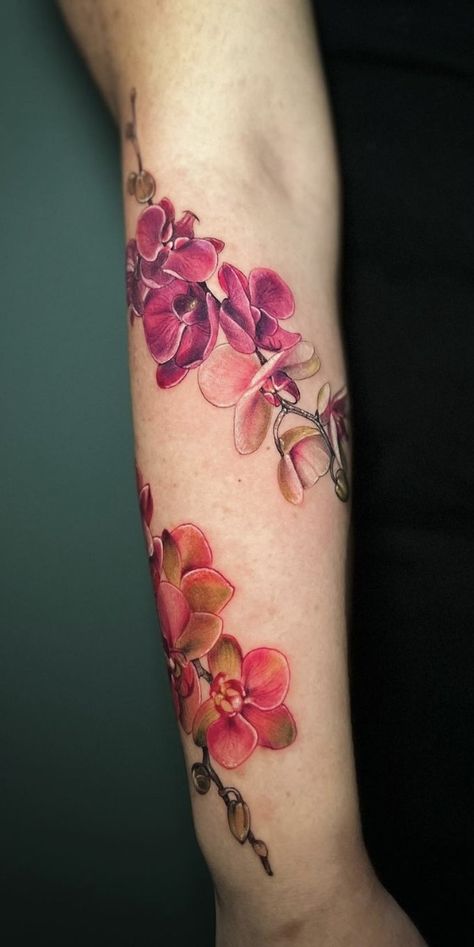 Purple Orchids Tattoo, Color Orchid Tattoo, Orchid Tattoo Color, Purple Orchid Tattoo, 21 Tattoo, Live Tattoo, Tulip Tattoo, Arm Tats, Orchid Tattoo