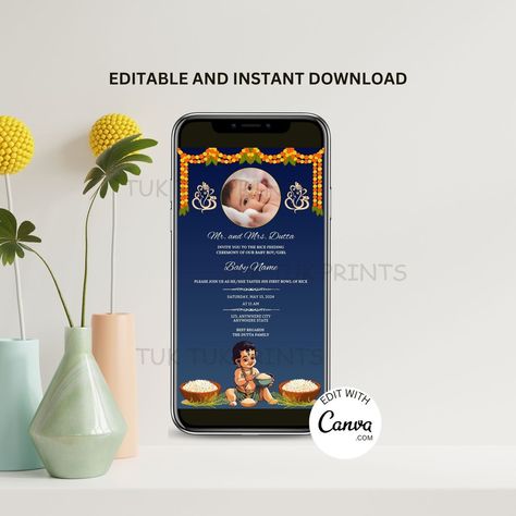 Rice Feeding Ceremony Phone Invites, Annaprasan digital Invitation, Weaning Ceremony phone card Weaning Ceremony, Digital Invite, Invite Template, Unique Invitations, Online Invitations, Editing Tutorials, Phone Card, Diy Template, Weaning