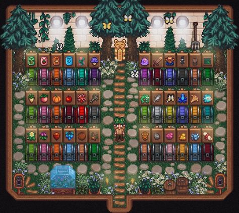 Finally decorated it to look more aesthetic. Can't give up the idea of colored chests though, because I use them frequently and colors just help me to navigate around 😅 Stardew Valley Clothes Guide, Stardew Valley Outfit Ideas, How To Dye Clothes, Valley Outfit, Clothes Guide, Stardew Farms, Dye Clothes, Stardew Valley Tips, Stardew Valley Layout