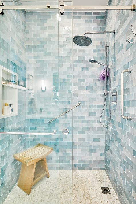 Walk In Showers No Doors With Bench Master Bathrooms, Coastal Bathroom Tile, Blue Shower Tile, Age In Place, Beach House Bathroom, Full Bathroom Remodel, Pool Bathroom, House Bathrooms, Beach Theme Bathroom