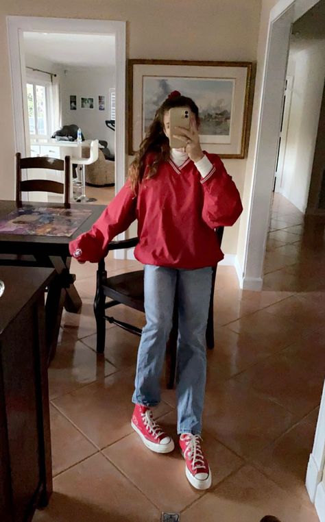 Red High Top Converse Outfit Aesthetic, Outfits With Red Turtleneck, Cute Outfits With Red Converse, How To Style Red Converse Outfits, Outfits For Red Converse, Cute Target Employee Outfits, Red Platform Converse Outfit, Red Converse Aesthetic Outfit, Red All Star Outfit