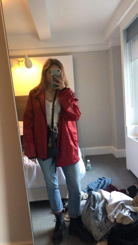 Red Outfits Aesthetic, Rain Jacket Outfit, Red Jacket Outfit, Red Rain Jacket, Windbreaker Outfit, Red Outfits, Red Windbreaker, Jacket Outfit, Doc Martens