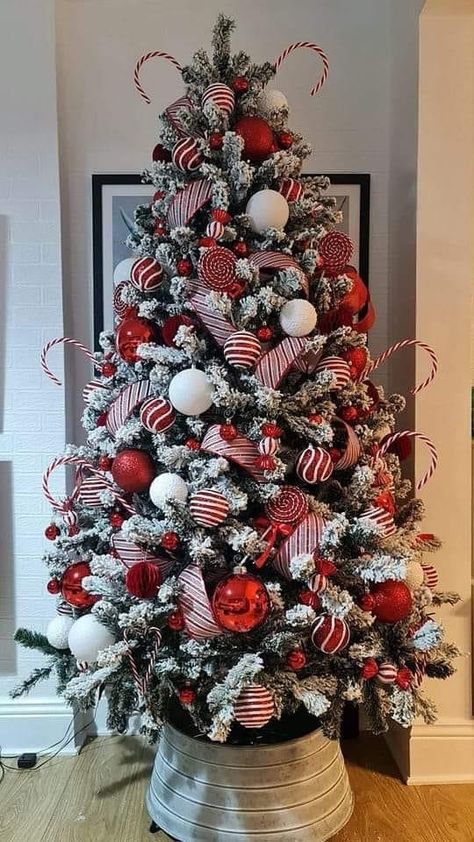 Elegant Christmas Tree Decorations, Frosted Christmas Tree, Christmas Tree Decorating Themes, Cozy Christmas Decor, Peppermint Christmas, Elegant Christmas Trees, Creative Christmas Trees, Christmas Decor Inspiration, Country Christmas Decorations