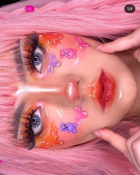 Candy Freckles Makeup, Pink Candy Makeup, Candy Themed Makeup Looks, Gummy Bear Makeup, Candycore Makeup, Candy Makeup Halloween, Candy Eye Makeup, Candy Theme Makeup, Candyland Makeup Ideas