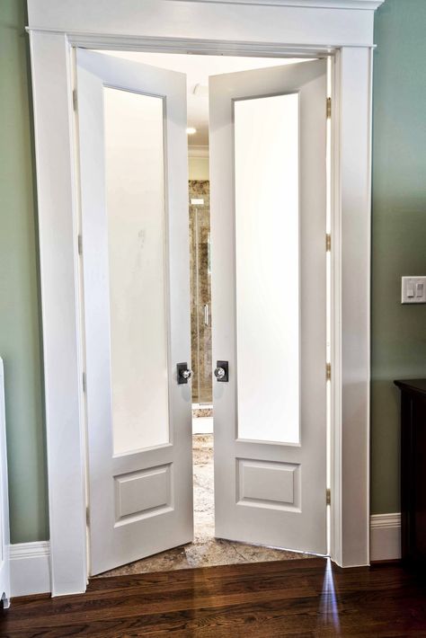 New Craftsman Home Photo Shoot - Cedar Hill Farmhouse-- frosted doors to master bath. master tub Devon House, Home Photo Shoots, Farmhouse Master, غرفة ملابس, Craftsmen Homes, French Doors Interior, Bedroom Doors, Room Doors, Bathroom Remodel Master