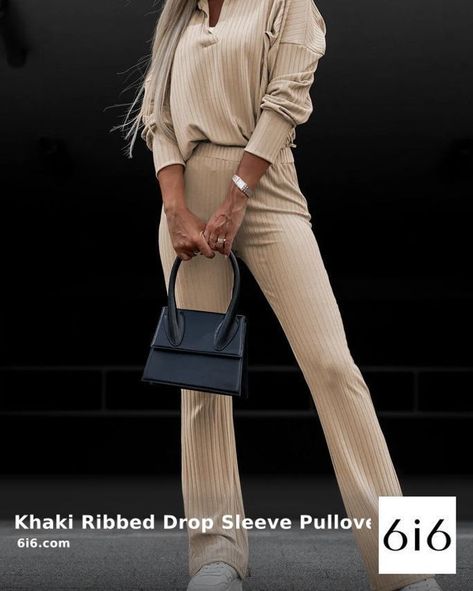 🍂✨ Elevate your wardrobe with our Khaki Ribbed Drop Sleeve Pullover and High Waist Pants Set! ✨🍂 - Enjoy the perfect blend of comfort and style with 65% Polyester, 30% Viscose, and 5% Elastane for a flattering fit. - The pullover features a chic ribbed texture, adding depth and interest, while the high-waist pants accentuate your figure effortlessly. - Dress it up with heels or keep it casual with sneakers—the versatility is endless! Snag yours now for just $49.54! 💸 Shop link in bio. #Fas... Leg Pants Outfit, Top And Pants Set, Casual Stylish, Ribbed Texture, Collar Top, Waist Pants, Two Piece Outfit, Pants Outfit, Top Casual