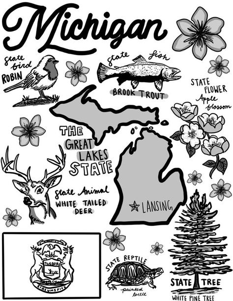 Individual coloring page for Michigan Michigan Printables Free, Simple Michigan Tattoo, State Of Michigan Art, Michigan Themed Tattoos, Michigan Tattoo Ideas Simple, Michigan Inspired Tattoos, Michigan Coloring Pages, Michigan Tattoos For Women, Michigan Symbols