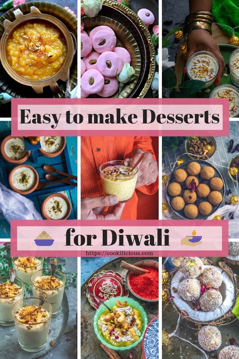 Try these easy & delicious dessert ideas this Diwali! Some are popular Desi mithais while some are fusion sweet treats. Make your Diwali extra special by these delectable Indian desserts! #desserts #Indian #Diwali #holidays #sweets #easy #recipe Diwali Desserts Ideas, Easy Indian Sweets For Diwali, Indian Dessert Ideas, Diwali Drinks Ideas, Fusion Diwali Sweets, Quick Diwali Sweets, Indian Fusion Desserts Sweets, Healthy Indian Dessert Recipes, Sweet Recipes Easy Indian Sweets Recipes