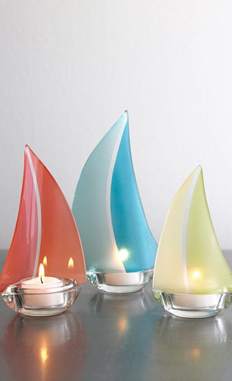 Sailing boat votive Seaside Decor, Sail Boats, Sailing Boat, Tealight Candle, Fused Glass Art, Make Things, Sailboats, One Moment, Candle Lanterns