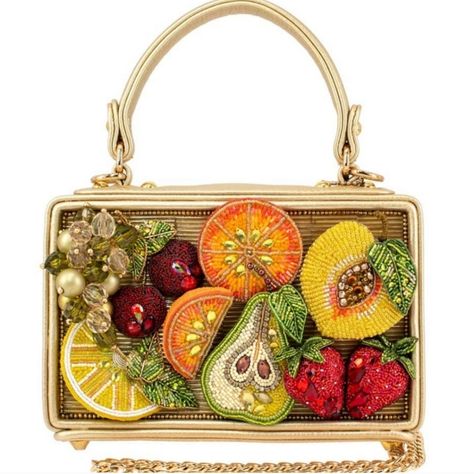 Mary Frances Mixed Fruit Bag Top Handle Handbag Nwt Mary Frances Has Designed This Elegant Handbag With A Delightful Array Of Exquisitely Beaded Cherries, Grapes, Oranges, Peaches, Pears, And Strawberries; Creating A Luscious And Whimsical Fruit-Themed Motif. This Handheld Bag Effortlessly Combines Sophistication With A Playful And Fruity Charm. 8.25 X 2.25 X 5" Handle Length End To End: 10.5" | Drop: 4.25" Removable Chain Strap Length: 49" | Drop: 23 " Non-Removable Top Handle, Removable Crossb Vacay Clothes, Fruit Bags, Mary Frances Purses, Outfit Building, Clutch Bag Pattern, Craft Cafe, Unusual Handbags, Mary Frances Bags, Mary Frances Handbags