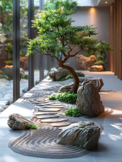 Tropical Zen Garden, Japan Garden Zen, Indoor Zen Garden, Zen Garden Ideas, Indoor Landscaping, Bonsai Nursery, Zen Rock Garden, Suburban Home, Japanese Garden Landscape