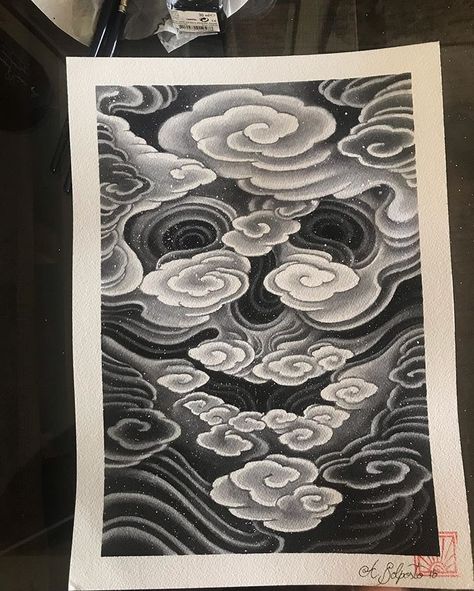 Japanese Tattoo Art Clouds, Japanese Traditional Clouds, How To Draw Japanese Clouds, Japanese Sky Tattoo, Japanese Cloud Art, Cloud Japanese, Japanese Water Tattoo, Japanese Cloud Tattoo, Japanese Skull