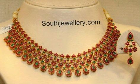 Floral Ruby Emerald Necklace Choker Necklace Indian, Ruby Necklace Designs, Latest Jewellery Designs, Indian Choker Necklace, Buy Gold Jewelry, Gold Necklace Indian, Online Gold Jewellery, Diamond Necklace Designs, Necklace Indian