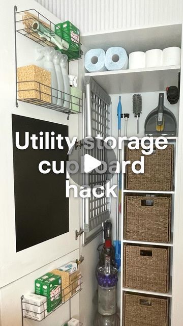 B&Q on Instagram: "ad I’ve always wanted a separate utility room, but that won’t be happening for the foreseeable future, so it was time to get creative!  With @bandq_uk ’s help, I transformed this cupboard (of doom) into an organised and practical mini-utility room with a place for everything. And because I know you love a good DIY hack, here are my faves from this project…  • Back-of-the-door storage compartments save space and double up as useful dispensers for rolls of bags. • Chalkboard paint and a Harris paintbrush created a handy, hidden noticeboard for family ‘to-do’s and reminders.  • I tied the chalk to the metal storage so it can’t get lost. • I wall-mounted the cleaning items so they don’t fall over (& out of the cupboard onto my foot like usual!) • A wall-mounted hook made t Utility Room Hacks, Utility Cupboard Ideas, Airing Cupboard Organisation, Airing Cupboard, Utility Cupboard, Cupboard Shelves, Diy Hack, A Place For Everything, Fall Over