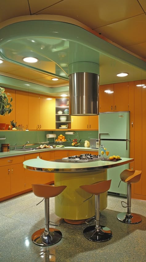 Revisiting Retro: Exploring the Enduring Appeal of Vintage Kitchens — Living Bright Interiors Kitchen Retro Ideas, 70s Retro Futurism Interior, 70s Interior Kitchen, Crazy Interior Design Creative, Retro Futuristic Kitchen, 60s Design Interior, 60s Mod Interior Design, Googie Interior Design, Atomic Age Interior Design