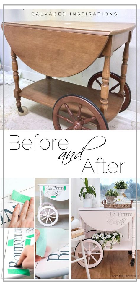 Tea Cart Makeover, Antique Tea Cart, Trolley Ideas, Tea Carts, Vintage Tea Cart, Furniture Graphic, Vintage Cart, Salvaged Inspirations, Furniture Transfers