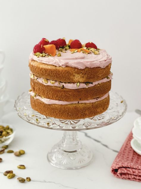 Raspberry Orange Pistachio Cake Orange Raspberry Cake, Orange Pistachio Cake, Whipped Cream Buttercream, Orange Pistachio, Raspberry Whip, Raspberry Whipped Cream, Orange Simple Syrup, Cravings Recipes, Crunch Cookies