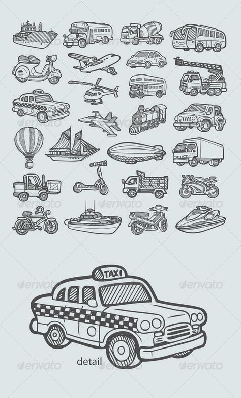 Transportation Icons Sketch    #doodle #transport #taxi #boat #bicycle # scooter #balloon #truck #motorcycle #ship #airplane #firetruck #train #jeep #helicopter Taxi Drawing, Storyboard Illustration, Perspective Drawing Lessons, Motor Cycle, Black Ink Tattoos, Bullet Journal Doodles, Flash Art, Flower Doodles, Sketches Easy