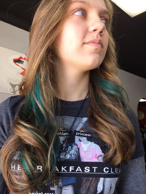 Gorgeous Teal peekaboo highlights Brown Hair Peekaboo, Teal Peekaboo Highlights, Teal Peekaboo, Blue Highlights In Brown Hair, Teal Hair Highlights, Hair Peekaboo, Blue Peekaboo, Highlights In Brown Hair, Teal Highlights