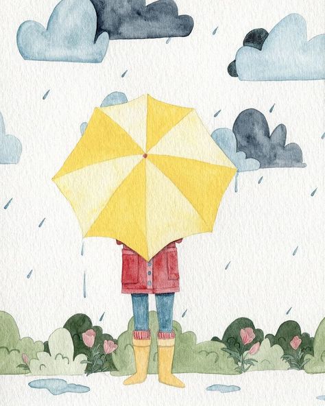 Rainy Day Watercolor, Rainy Day Illustration, Rain Watercolor, Rainy Day Drawing, Camping Drawing, Children Sketch, Rainy Day Crafts, Autumn Illustration, Easy Drawings Sketches