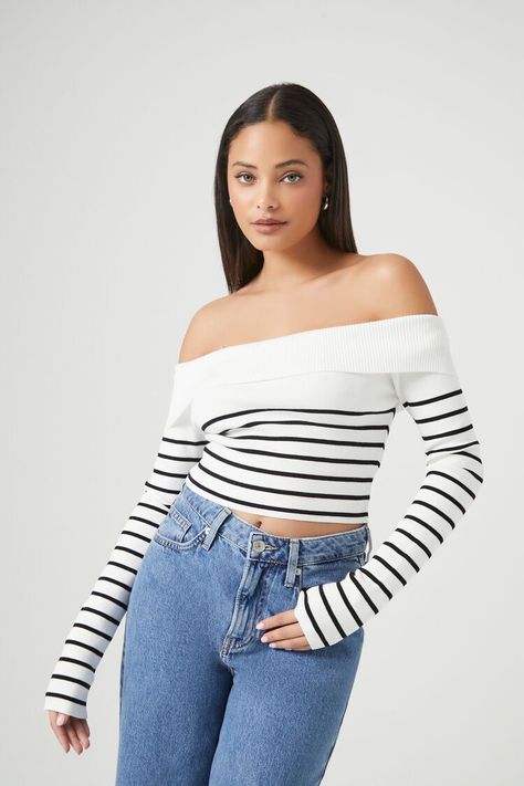 Striped Off-the-Shoulder Sweater Striped Off Shoulder Top, Off Shoulder Top, Ribbed Knit Sweater, Off Shoulder Tops, Shoulder Sweater, Stripes Pattern, Knit Sweater, Shoulder Top, Ribbed Knit