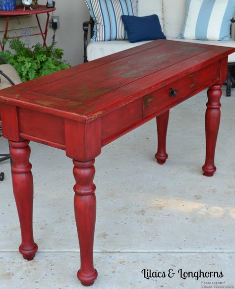 Red milk paint table by Lilacs & Longhorns Red Painted Furniture, Red Chalk Paint, Muebles Shabby Chic, Chalk Furniture, Porch Table, Liz Marie, Red Furniture, China Furniture, Red Table