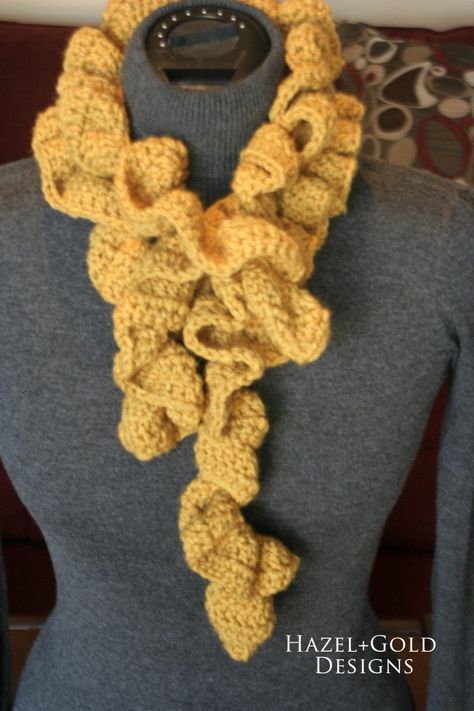 crochet ruffle scarf yellow Crochet Patterns For Scarves, Crochet Ruffle Scarf, Afghan Crochet Patterns Easy, Scarves Crochet, Beginner Knit Scarf, Beginning Crochet, Crochet Scarf Easy, Knitting Scarf, Crochet Jewellery