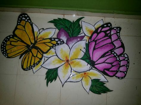 Butterfly Rangoli Design, Butterfly Rangoli, Cartoons Rangoli Design, Geometric Art Diy, Cartoons Rangoli, Rangoli Designs For Competition, Rangoli Designs Photos, Balloon Frame, Daily Rangoli