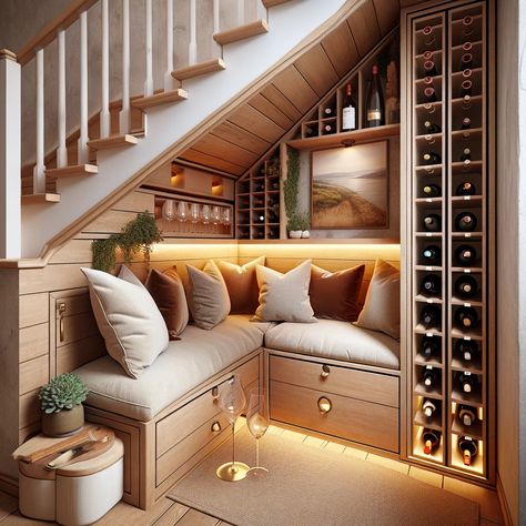 12 Space Saving Under Stairs Wine Storage Ideas - GoTinySpace Understairs Bar, Under Stairs Wine Storage, Stairs Wine Storage, Under Stairs Wine, Wine Storage Ideas, Bar Under Stairs, Wine Cubbies, Wine Storage Cabinets, Wine Display