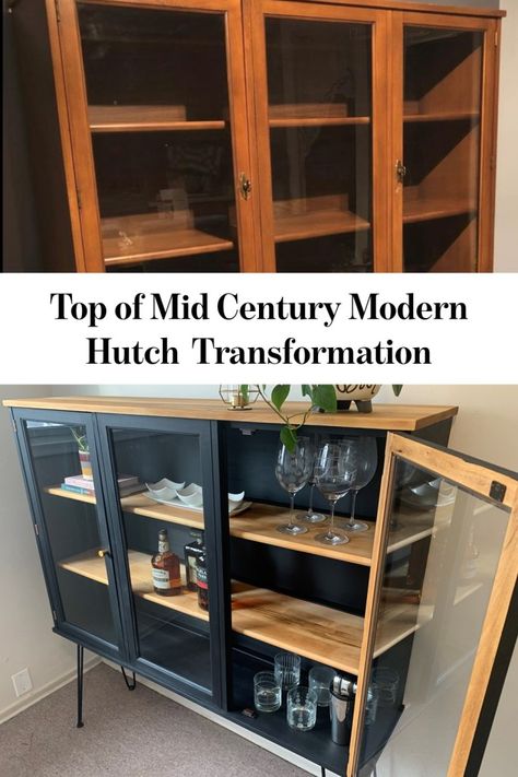 Furniture Flip Bookshelf, Mid Century Makeover Furniture, Mid Century Modern China Cabinet Redo, Upcycled Furniture Mid Century Modern, Mid Century Modern Cabinet Makeover, Top Of China Cabinet Repurposed, Mid Century Modern China Cabinet Makeover, Mid Century China Cabinet Makeover, Mid Century Modern Furniture Flip