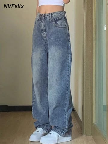 Jeans Vintage Baggy Straight Denim Trousers Y2k High Waist – ingodeal Jeans Online Store, Street Y2k, Mid Waist Pants, 90s Baggy, Populaire Outfits, Jumpsuit Outfit, Jeans Online, Type Of Pants, Jeans Boyfriend