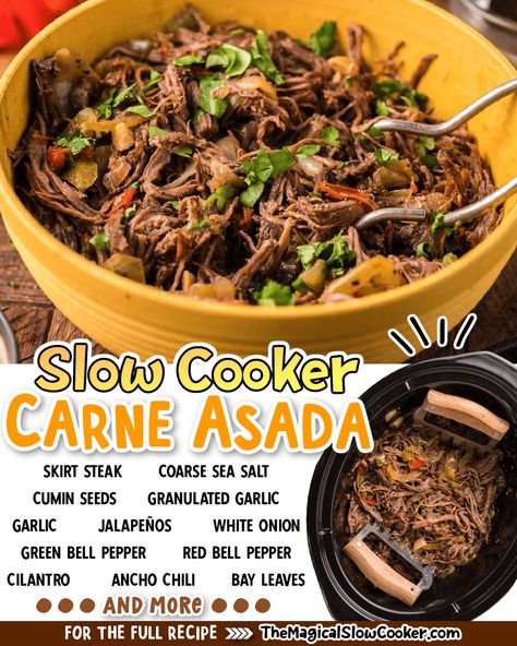 The spices and flavors make this Slow Cooker Carne Asada a must-try for taco night. Made with skirt steak and plenty of vegetables. - The Magical Slow Cooker Skirt Steak In Crockpot, Steak Tacos Crockpot, Slow Cooker Skirt Steak, Carne Picada Recipes, Slow Cooker Carne Asada, Pressure Cooker Steak, Crockpot Steak Recipes, Crockpot Meal Prep, Steak Taco Recipe