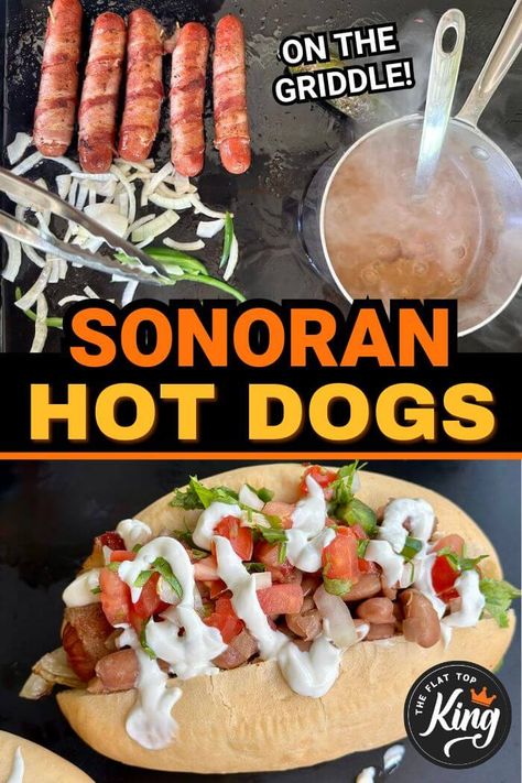 Looking for creative hot dog recipes to try this summer?  You've GOT to try these Sonoran hot dogs!  Sonora-style hot dogs may sound weird because of the toppings like pinto beans, pico de gallo, and mayo - but they are SO GOOD!  Easily one of my favorite hot dogs to make on the griddle... and the homemade pinto beans are fantastic, too! Sonoran Dogs Recipe, Mexican Street Hot Dogs Recipe, Sonora Hot Dogs, Creative Hot Dog Recipes, Sonoran Hot Dog Recipe, Homemade Pinto Beans, Mexican Hot Dogs Recipes, Soft Hot Dog Buns, Hot Dog Recipes Creative