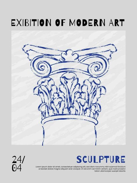 Creative cover or poster concept with classical art sketch of Corinthian column on abstract background. Roman and Greek vector illustration. Posters for the exhibition, magazine or brochure. Corinth Greek Art Poster, Art Exhibition Brochure, Greek Sketches, Greek God Poster, Roman Illustration, Column Illustration, Baroque Illustration, Greek Graphic Design, Greek Illustration