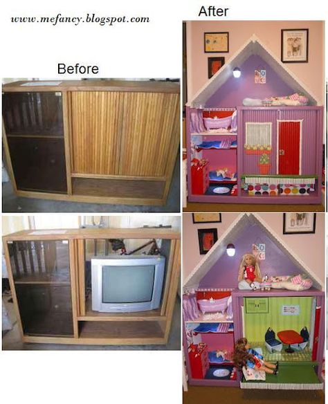 Entertainment center to doll house!  This is awesome. Best Doll House, Ag Doll House, American Girl House, Old Entertainment Centers, Toy Furniture, American Girl Dollhouse, American Girl Doll House, American Girl Diy, Girls Dollhouse