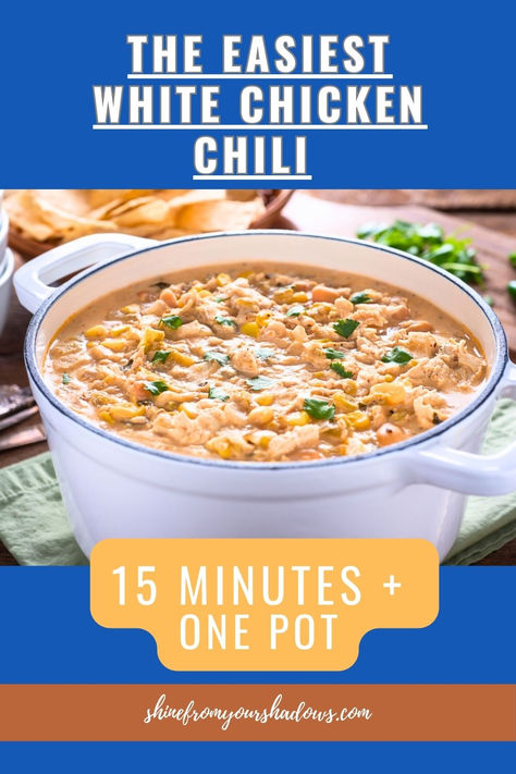 Save your time and sanity and reduce stress with this simple white chicken chili that comes together in one pot! It's adaptable and delicious, also gluten free and easily dairy free. #mentalhealth #selfcare #quickdinner #easyrecipes White Chili Chicken Recipes, Creamy White Chicken Chili Recipe, Traditional Chili Recipe, Easy Comfort Food Dinners, White Chicken Chili Recipe, Chicken Tortilla Soup Easy, Creamy Chicken Recipes, Crockpot White Chicken Chili, Creamy White Chicken Chili