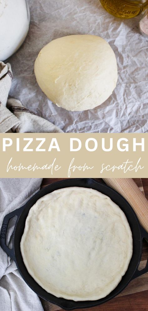 ball of homemade pizza dough and pizza dough pressed into a 12 inch cast iron pan Active Dry Yeast Pizza Dough, How To Make Pizza Dough, Home Made Pizza Dough Recipe, Pizza Dough Uses, Best Pizza Crust Recipe, Diy Pizza Dough, Home Made Pizza Dough, Pizza Dough Homemade, Best Pizza Crust