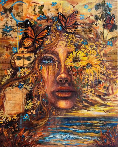 BECOMING 🌻🦋🌅 Swipe through to check out the details of this recent original mixed-media painting —> The original piece has found a home, but art prints are available on stretched canvas and fine art paper🖌 www.laurenaimeeart.com/shop or tap the link in my bio! 🧡 . . . . . . #originalart #fineart #portraitart #oilpainting #mixedmedia #mixedmediaart #canvasart #artist #surrealart #artprint #portraitpainting #sunflower #butterfly #monarchbutterfly Mixed Media Butterfly, Mixed Media Painting On Canvas, Art Final, Sunflower Butterfly, Sketchbook Tour, Joker Art, Art Folder, Butterfly Painting, Gcse Art