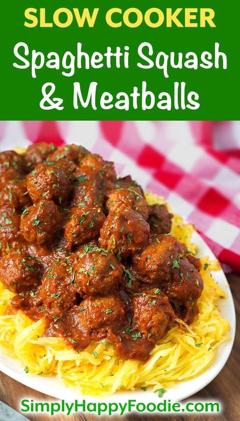 Slow Cooker Spaghetti Squash and Meatballs is so simple to make! You will enjoy this easy low carb crock pot spaghetti squash and meatballs dinner! We love this recipe! simplyhappyfoodie.com Low carb spaghetti squash and meatballs Slow Cooker Spaghetti Squash, Low Carb Spaghetti Squash, Low Carb Crock Pot, Crock Pot Spaghetti, Spaghetti Squash And Meatballs, Meatballs Dinner, Senior Meals, Simply Happy Foodie, Crockpot Spaghetti