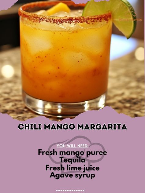 🌶️🍹 Spice up your happy hour with a Chili Mango Margarita! A fiery twist on the classic margarita that packs a punch. 🌶️✨ Chili Mango Margarita Ingredients: Fresh mango puree (2 oz) Tequila (2 oz) Fresh lime juice (1 oz) Agave syrup (½ oz) Chili powder for rimming Lime wedge for garnish Instructions: Rim a glass with chili powder. Combine mango puree, tequila, lime juice, and agave syrup in a shaker with ice. Shake well and strain into the prepared glass over ice. Garnish with a lime wedg... Mango Margarita Recipes, Mango Margarita Recipe, Margarita Ingredients, Chili Mango, Mango Margarita, Mango Syrup, Classic Margarita, Mango Puree, Agave Syrup