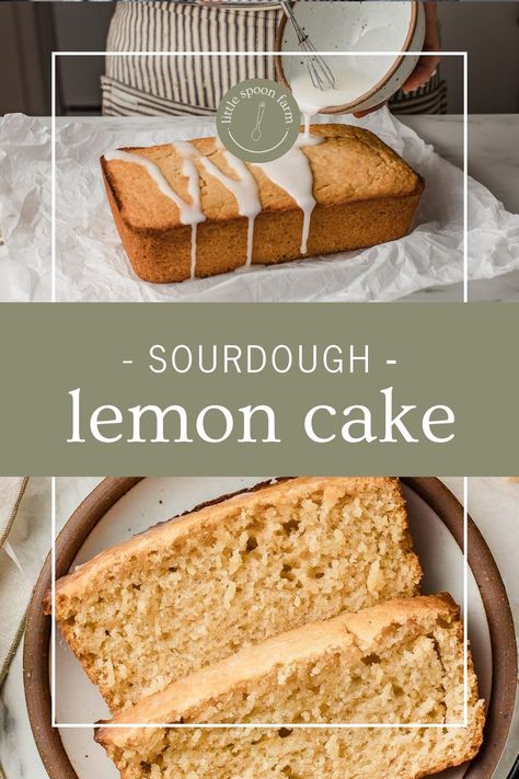 This quick and easy recipe for sourdough lemon cake is a wonderful way to use sourdough discard. It's moist, flavorful, and topped with a deliciously sweet lemon glaze! Lemon Sourdough Cake, Lemon Sourdough Discard Recipes, Sourdough Lemon Pound Cake, Sourdough Discard Lemon Cake, Sourdough Lemon Recipes, Sourdough Cakes Recipes, Sourdough Discard Lemon Loaf, Lemon Sourdough Bread, Sourdough Lemon Loaf