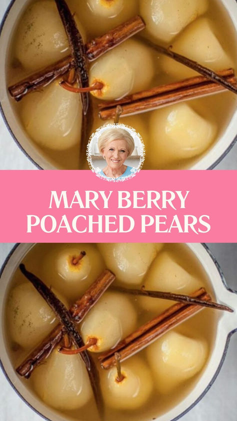 Mary Berry Poached Pears Poached Pear Recipe, Poached Pears Recipe Easy, Pears Recipes Easy, Poached Pears Dessert, Pear Recipes Easy, Poached Pears Recipe, Pear Dessert Recipes, British Bake Off Recipes, Cottagecore Recipes