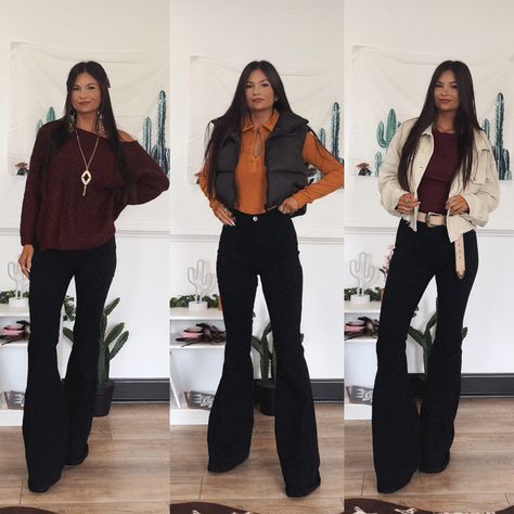 Black Pants Outfit Going Out, Edgy Bell Bottoms Outfit, Styling Black Bell Bottoms, Black Bell Bottom Jeans Outfit Winter, Bell Bottom Outfit Winter, Dark Blue Bell Bottom Jeans Outfit, Black Jean Bell Bottoms Outfits, Black Bell Bottoms Outfit Winter, Bell Bottom Winter Outfit