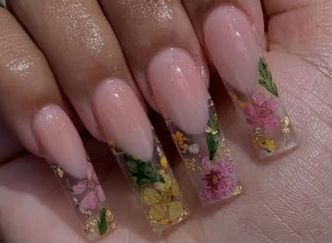 Nails Encapsulated, Nails Flowers, Encapsulated Nails, Flowers Acrylic, Hacks Beauty, Acrylic Nails Coffin Pink, Short Acrylic, Glass Nails, Long Square Acrylic Nails