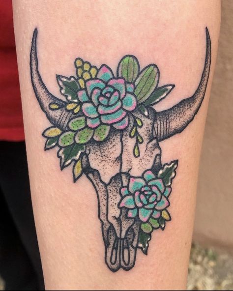 Floral Cactus Tattoo, Cowgirl Skull Tattoo, Sternum Cow Skull Tattoo, Half Cow Skull Half Flower Tattoo, Cow Skull Tattoo On Thigh, Pretty Cow Skull Tattoo, Long Horn Skull Tattoo With Flowers, Texas Tattoos Women, Feminine Traditional Tattoo