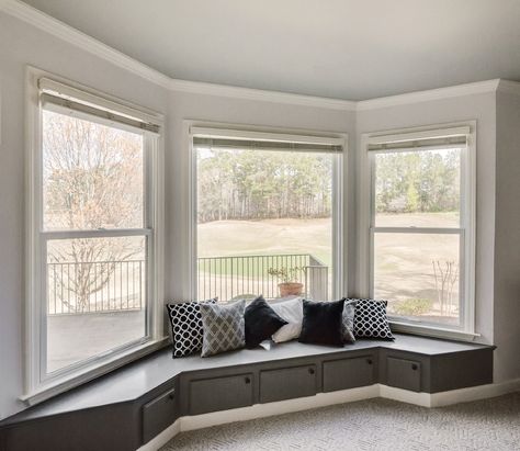 Interior window seat image featuring Double Hung windows and Picture window in Stone White interior finish with White hardware. Window Options, Kitchen Bay Window, Single Hung Windows, Fiberglass Windows, Marvin Windows, Window Well, Replacement Windows, Bow Window, Double Hung Windows