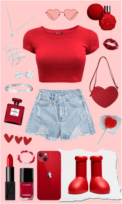 Red 80s Outfit, Red Outfit Collage, Red Outfits For School, Red Outfits Summer, Cute Red Outfits, Red Summer Outfits, Big Red Boots, Color Picnic, Basic White Girl Outfit