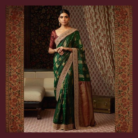 Sabyasachi : The Vasanthalakshmi Collection. Heritage Kanjeevaram sarees woven by the master weavers of Kanchipuram. Bottle Green Saree, Sabyasachi Sarees, Sabyasachi Mukherjee, Party Wear Sarees Online, Indian Wedding Sarees, Designer Silk Sarees, Saree Fashion, Beautiful Sarees, Indian Wedding Wear