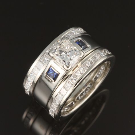 Custom designed wide-band diamond celebration ring, featuring delicate bezel set sapphire accents. Wide Band Rings With Stones, Ballerina Rings, Wedding Ring Cuts, Wide Band Wedding Ring, Wide Band Diamond Rings, Wide Diamond Bands, Celebration Ring, Memory Ring, Green Amethyst Ring